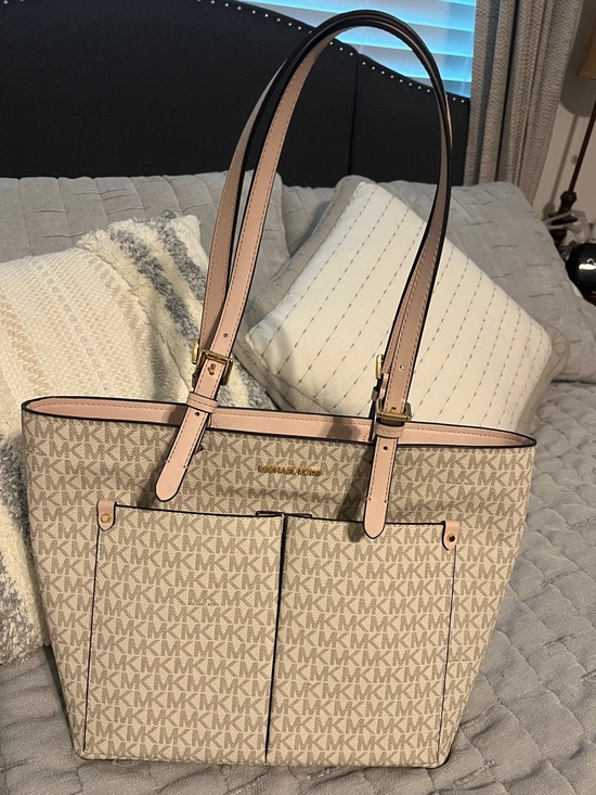 Michael Kors Handbags - Michael Kors Beige Pale Pink MK Logo Tote
